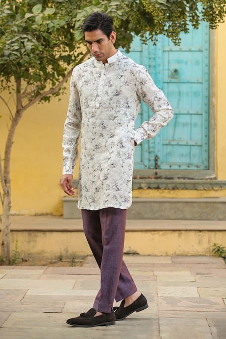 Buy_Raw & Rustic By Niti Bothra_Purple Cotton, Linen Embroidery Floral Printed Kurta Set With Bundi _Online_at_Aza_Fashions