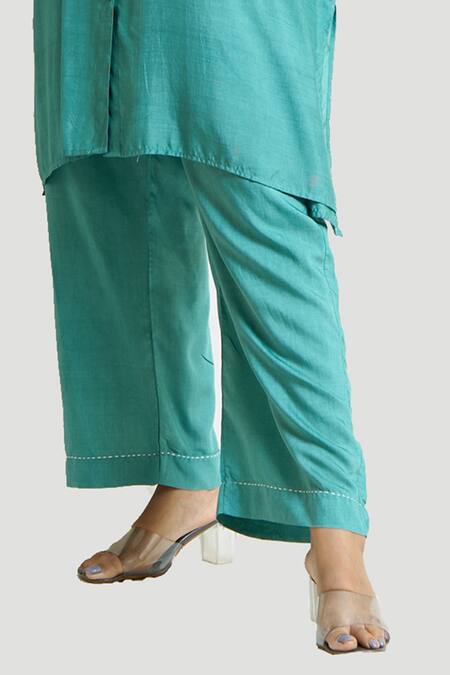 Buy_Brij_Blue Silk Pearls Shawl Neck Work Box Fit Tunic And Pant Set _Online_at_Aza_Fashions
