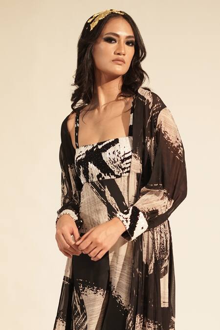 Nikita Mhaisalkar_Black Georgette Beads Open Neck Brush Stroke Print Jacket _Online_at_Aza_Fashions