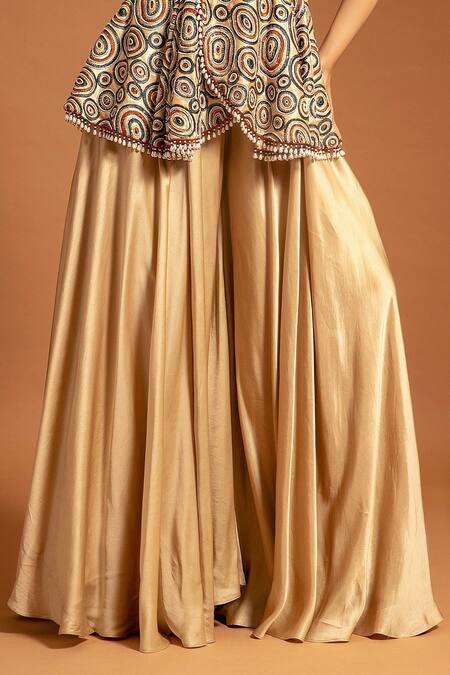 Sejal Kamdar Beige Pure Satin Crepe Embellished Cutdana Ajrak Peplum Jumpsuit Online at Aza Fashions Sejal Kamdar_Beige Pure Satin Crepe Embellished Cutdana Ajrak Peplum Jumpsuit _Online_at_Aza_Fashions