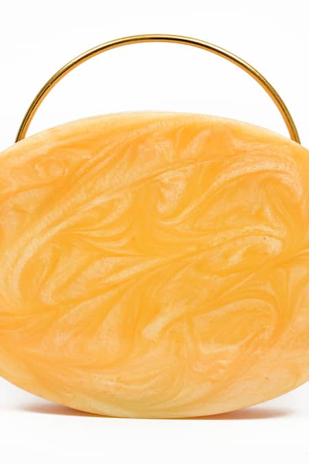 Miar Designs_Yellow Abstract Pattern Fara Oval Resin Clutch_at_Aza_Fashions
