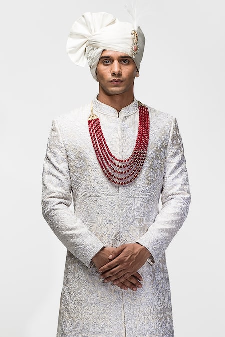 Asuka_Ivory Silk Cut Work, Embroidery Resham Sherwani Set _Online_at_Aza_Fashions