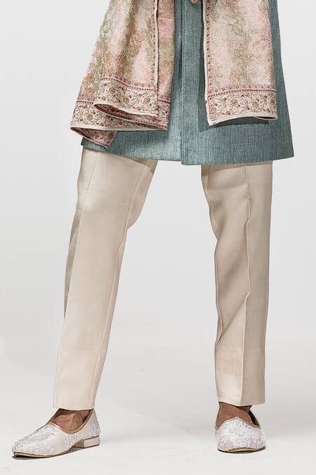 Asuka_Blue Jersey Embroidery Jute Silk Achkan Set _Online_at_Aza_Fashions