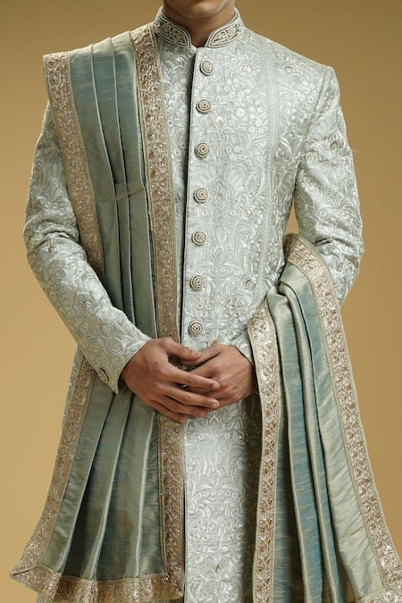 Kommal Sood Green Silk Beads, Embroidery Flower And Emboss Effect Sherwani Set Online at Aza Fashions Kommal Sood_Green Silk Beads, Embroidery Flower And Emboss Effect Sherwani Set _Online_at_Aza_Fashions