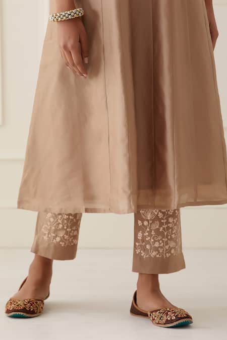 Kamaltaas_Brown Chanderi Silk Embroidery Round Neck Hand Anarkali And Pant Set_at_Aza_Fashions