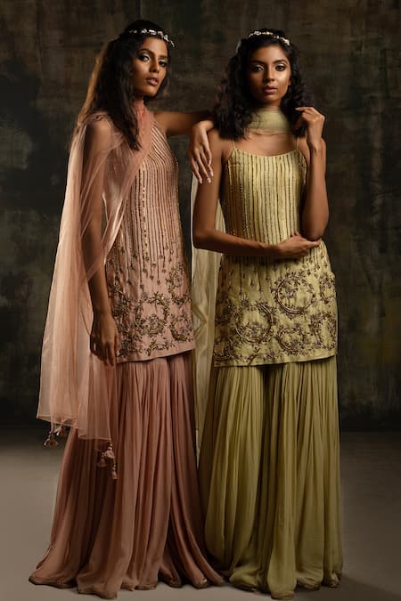 Shop Mona And Vishu Pink Silk, Georgette, Tulle Zari, Embroidery, Beads Zardozi Kurta Sharara Set Online at Aza Fashions Shop_Mona And Vishu_Pink Silk, Georgette, Tulle Zari, Embroidery, Beads Zardozi Kurta Sharara Set _Online_at_Aza_Fashions