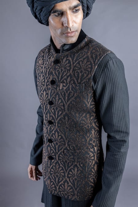 Buy_Abhishek Gupta_Black Silk Lining Stripe Pintuck Bundi And Kurta Set  _Online_at_Aza_Fashions