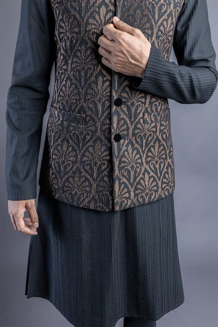 Shop_Abhishek Gupta_Black Silk Lining Stripe Pintuck Bundi And Kurta Set  _Online_at_Aza_Fashions