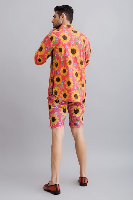 Shop_Nautanky_Peach Shirt 100% Fine Cotton, Shorts Neoprene Sunflower Print And Set _at_Aza_Fashions