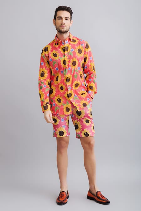 Buy_Nautanky_Peach Shirt 100% Fine Cotton, Shorts Neoprene Sunflower Print And Set _Online_at_Aza_Fashions