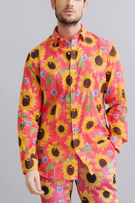 Nautanky_Peach Shirt 100% Fine Cotton, Shorts Neoprene Sunflower Print And Set _at_Aza_Fashions