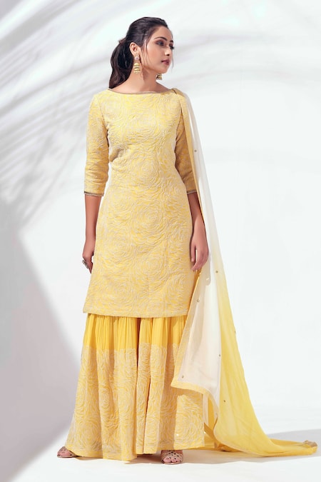 Suruchi Parakh Yellow Georgette Embroidered Kurta Set 