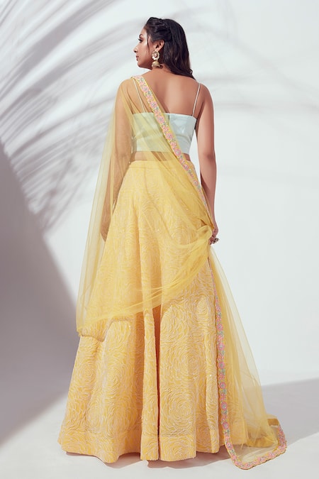 Shop Suruchi Parakh Yellow Net, Satin Silk, Georgette Floral Motif Embroidered Lehenga Set at Aza Fashions Shop_Suruchi Parakh_Yellow Net, Satin Silk, Georgette Floral Motif Embroidered Lehenga Set _at_Aza_Fashions
