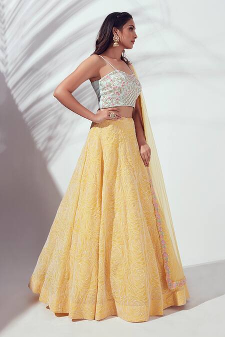 Suruchi Parakh_Yellow Net, Satin Silk, Georgette Floral Motif Embroidered Lehenga Set _Online_at_Aza_Fashions