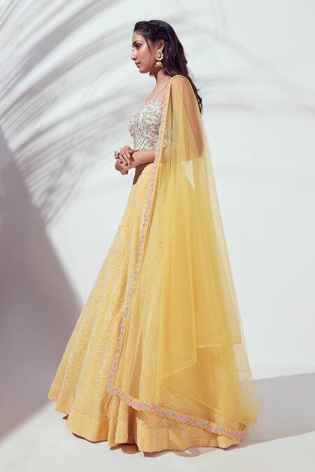 Buy_Suruchi Parakh_Yellow Net, Satin Silk, Georgette Floral Motif Embroidered Lehenga Set _Online_at_Aza_Fashions