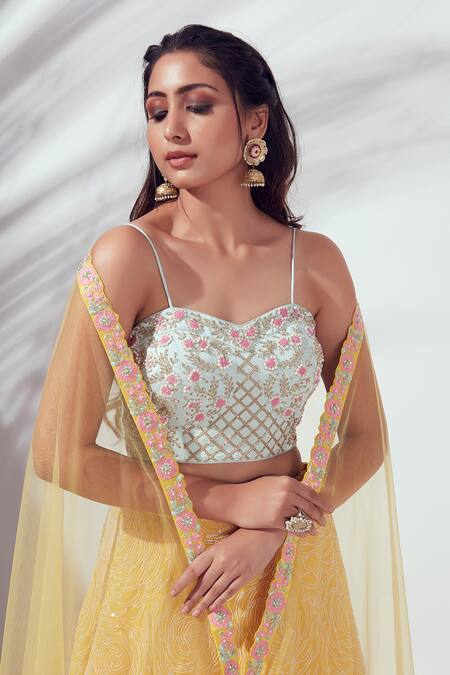 Shop_Suruchi Parakh_Yellow Net, Satin Silk, Georgette Floral Motif Embroidered Lehenga Set _Online_at_Aza_Fashions