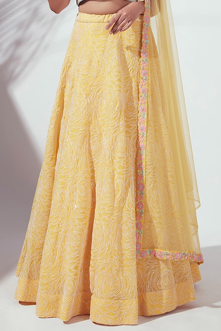 Suruchi Parakh_Yellow Net, Satin Silk, Georgette Floral Motif Embroidered Lehenga Set _at_Aza_Fashions