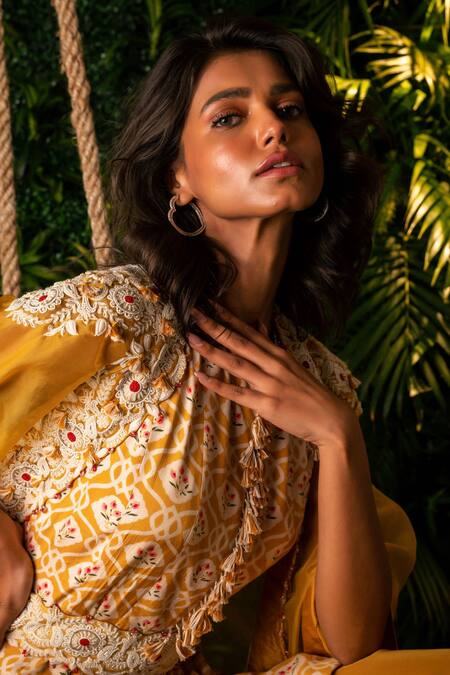 Buy_Pallavi Poddar_Yellow Crepe, Organza, Muslin Udaipur Ombre Open Front Cape And Draped Pant Set _Online_at_Aza_Fashions