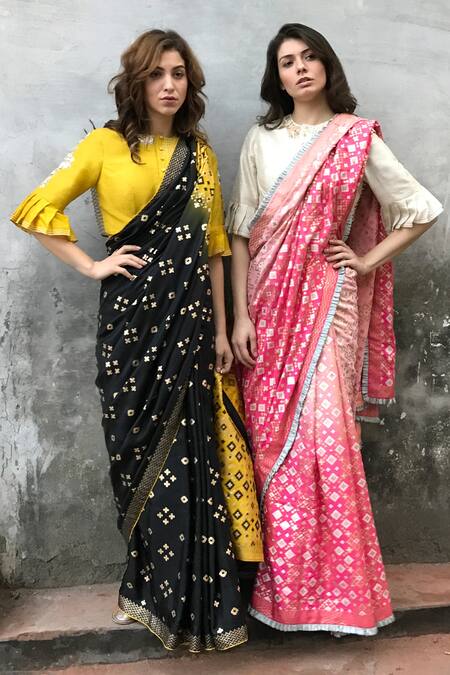 I Am Design_Black Silk Ikat Print Ombre Saree _at_Aza_Fashions