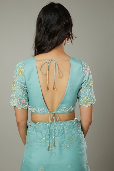 Buy_I Am Design_Blue Raw , Organza Floral Peppermint Candy Embroidered Saree Set 