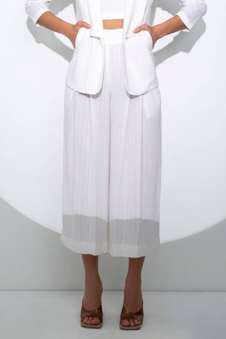 Pocketful Of Cherrie_White Crepe Square , Shawl Collar Jacket And Cropped Culottes Set_Online_at_Aza_Fashions