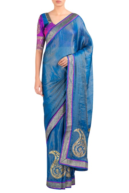 Latha Puttanna Blue Banarasi Silk Embroidery Square Applique Work Saree With Blouse 