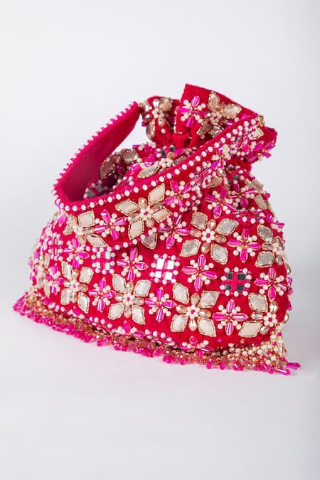 Eena_Magenta Gota Patti, Embroidery, Beads Ziva Embellished Potli Bag _Online_at_Aza_Fashions