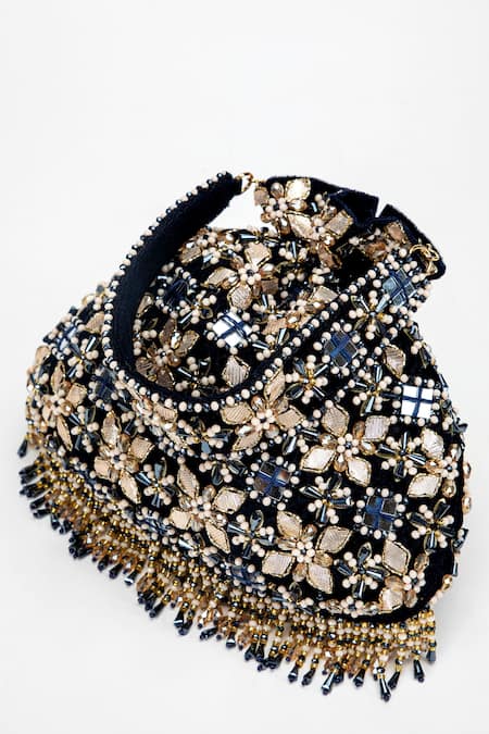 Eena_Blue Mirrors, Beads, Crystals, Zari, Gota Patti Ziva Embellished Potli Bag _Online_at_Aza_Fashions
