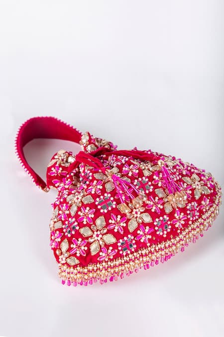 Shop_Eena_Magenta Gota Patti, Embroidery, Beads Ziva Embellished Potli Bag _Online_at_Aza_Fashions