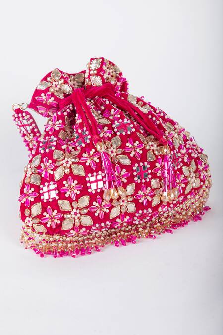 Eena_Magenta Gota Patti, Embroidery, Beads Ziva Embellished Potli Bag _at_Aza_Fashions