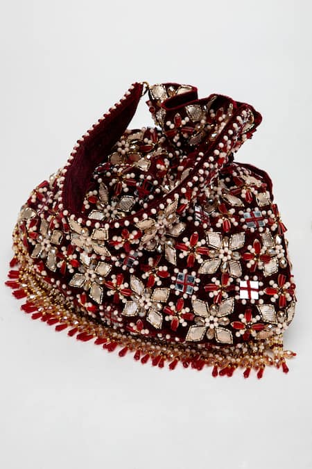 Eena_Red Gota Patti, Crystals, Beads Ziva Embellished Potli Bag _Online_at_Aza_Fashions