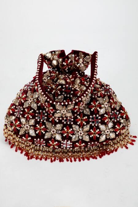 Buy_Eena_Red Gota Patti, Crystals, Beads Ziva Embellished Potli Bag _Online_at_Aza_Fashions