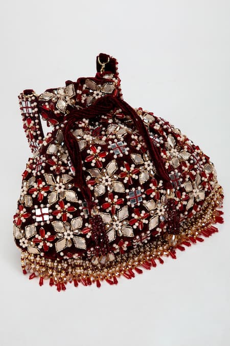 Shop_Eena_Red Gota Patti, Crystals, Beads Ziva Embellished Potli Bag _Online_at_Aza_Fashions