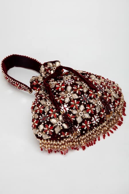 Eena_Red Gota Patti, Crystals, Beads Ziva Embellished Potli Bag _at_Aza_Fashions