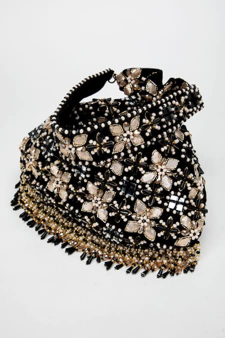 Eena_Black Beads, Crystals, Gota Patti Ziva Velvet Embellished Potli Bag _Online_at_Aza_Fashions