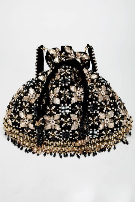 Buy_Eena_Black Beads, Crystals, Gota Patti Ziva Velvet Embellished Potli Bag _Online_at_Aza_Fashions