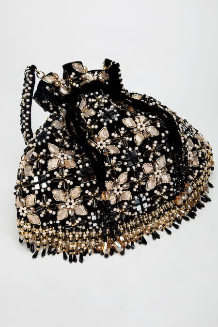 Shop_Eena_Black Beads, Crystals, Gota Patti Ziva Velvet Embellished Potli Bag _Online_at_Aza_Fashions