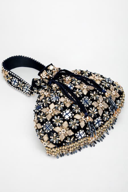 Buy_Eena_Blue Mirrors, Beads, Crystals, Zari, Gota Patti Ziva Embellished Potli Bag _Online_at_Aza_Fashions