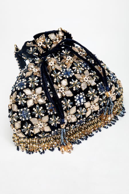 Shop_Eena_Blue Mirrors, Beads, Crystals, Zari, Gota Patti Ziva Embellished Potli Bag _Online_at_Aza_Fashions