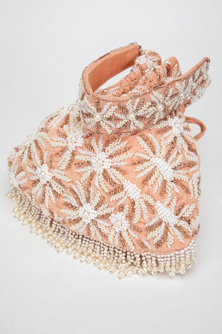 Buy_EENA_Peach Amora Velvet Pearl Embellished Potli Bag _Online_at_Aza_Fashions