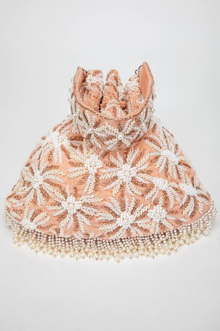 Shop_EENA_Peach Amora Velvet Pearl Embellished Potli Bag _Online_at_Aza_Fashions