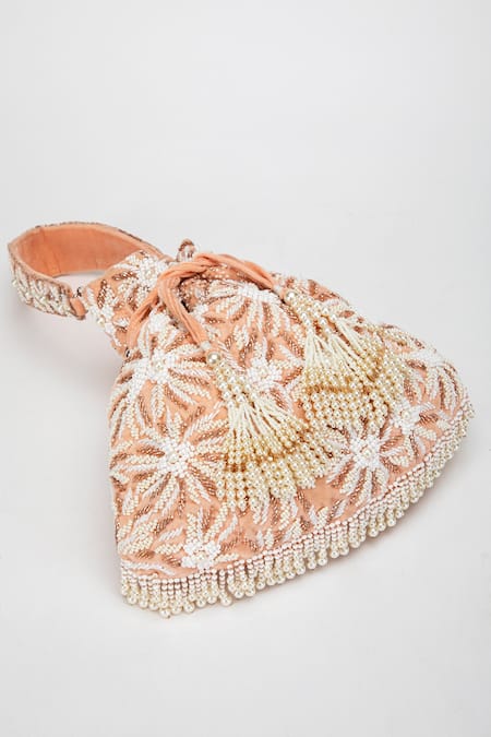 EENA_Peach Amora Velvet Pearl Embellished Potli Bag _at_Aza_Fashions