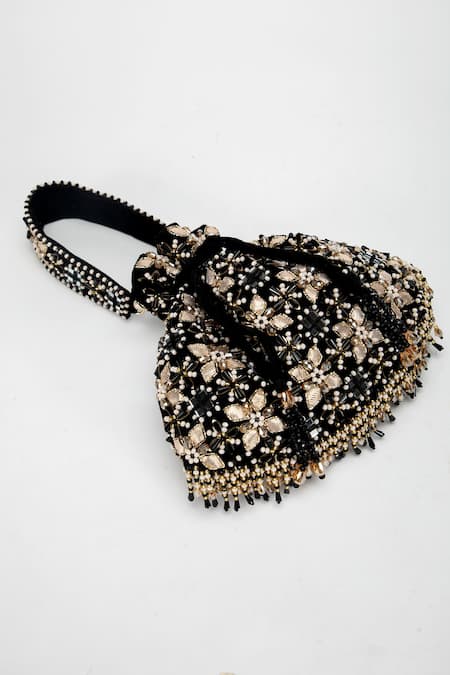 Eena_Black Beads, Crystals, Gota Patti Ziva Velvet Embellished Potli Bag _at_Aza_Fashions