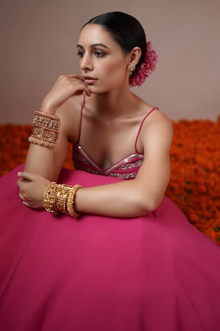 Rashi Jain_Pink Viscose Georgette, Silk Organza Sequin, Rani Embroidered Blouse Lehenga Set _Online_at_Aza_Fashions