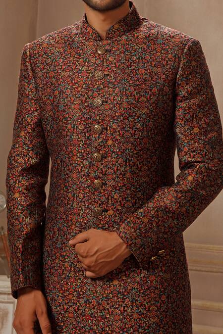 Vanshik_Black Woven Pushmina Blend Sherwani Set_Online_at_Aza_Fashions