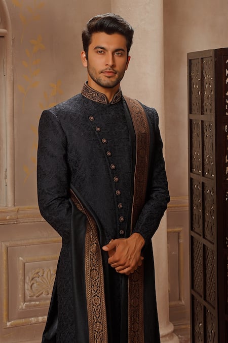 Shop_Vanshik_Blue Chanderi Silk Blend Base Embroidered Sherwani Set _at_Aza_Fashions
