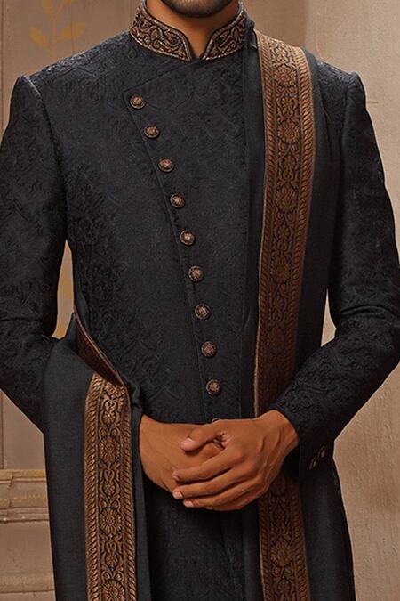 Vanshik_Blue Chanderi Silk Blend Base Embroidered Sherwani Set _Online_at_Aza_Fashions