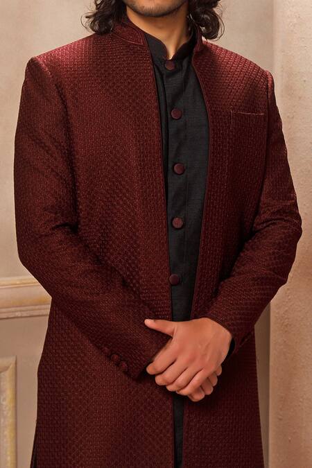 Vanshik_Wine Blended Silk Embroidered Jacket And Kurta Set _Online_at_Aza_Fashions