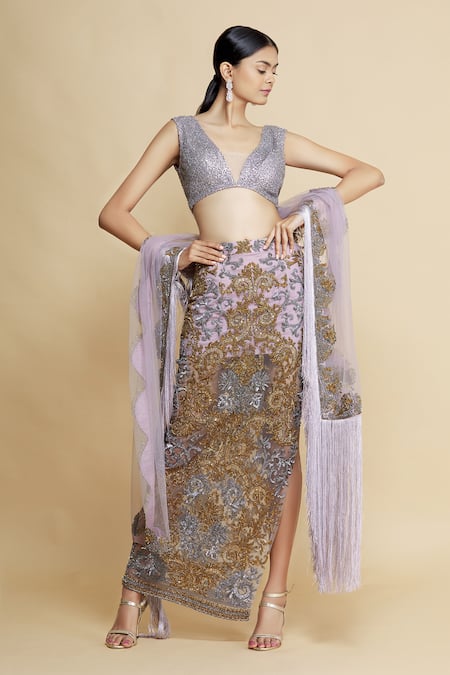 Buy Bhairavi Jaikishan Purple Net Embroidered Lehenga Set Online at Aza Fashions Buy_Bhairavi Jaikishan_Purple Net Embroidered Lehenga Set_Online_at_Aza_Fashions