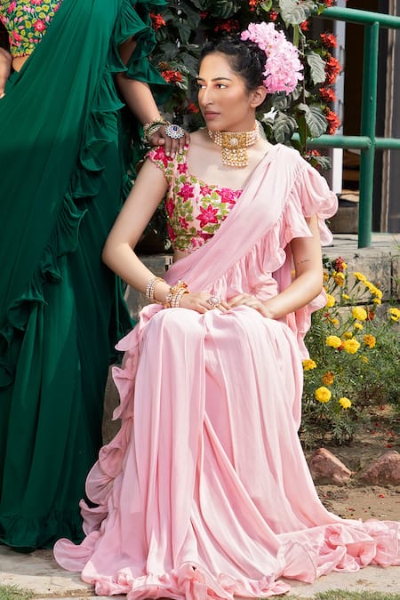 Buy_Keerthi Kadire_Peach Raw Silk, Georgette Square Neck Ruffle Saree With Embroidered Blouse _Online_at_Aza_Fashions